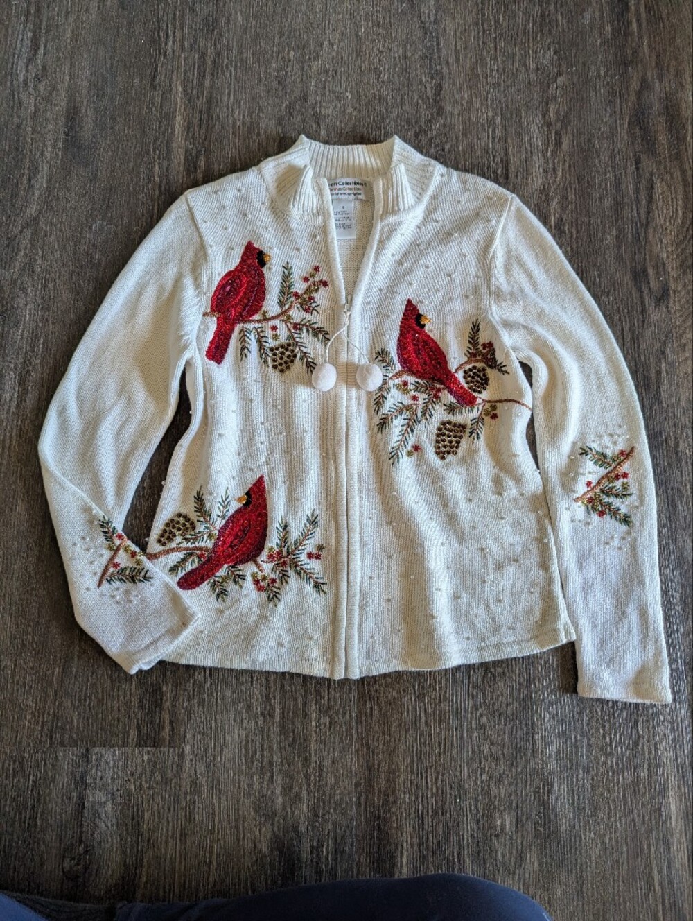 Vintage Heirloom Collectibles Embroidered Cardinal Zip-Front Cardigan - White Sm